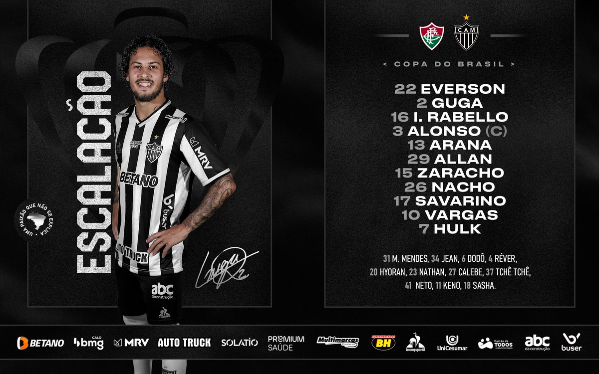 Atletico's tweet photo. 📋 GALO ESCALADO! Confira nossa escalação para enfrentar o Fluminense, pela @CopaDoBrasil.

#VamoGalo #FLUxCAM 🏴🏳️ https://t.co/3tMXpLD2El
