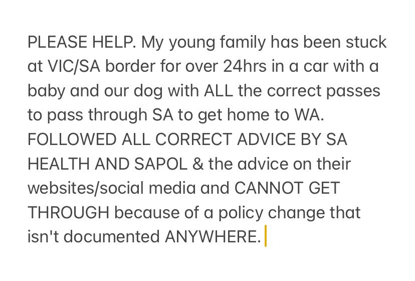 lukehughes38's tweet photo. PLEASE HELP MY YOUNG FAMILY GET HOME stuck at the SA/VIC BORDER @SAHealth @SAPoliceNews @7NewsPerth @9NewsPerth @10NewsFirstPER @perthnow @abcperth 
@MarkMcGowanMP @WA_Police https://t.co/oFtaDHnBRs