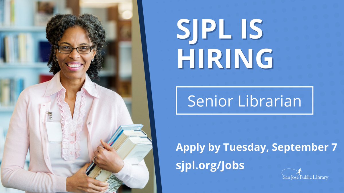 The San José Public Library is currently seeking strong and innovative leaders to fill two Senior Librarian positions! Share your passion for working with a diverse community and staff. 

The deadline to apply is September 7th
Visit: sjpl.org/jobs/senior-li…
#SJPL #RightToLibrary