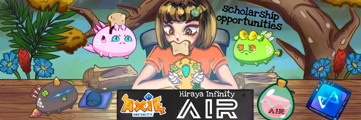 💥 SCHOLARSHIPS!💥
Offered by: @AxieRetreat ♾#AIR22
Managed by: @Hiraya_infinity ♾ 🍞 
To Apply:               
1. Follow Both ⬆️ + @AIR_esports_
2. Like + ReTweet Tagging 3.
3. Comment with a photo of your
     favorite food to eat with bread!
        #Hiraya #AxieInfinity 🍞