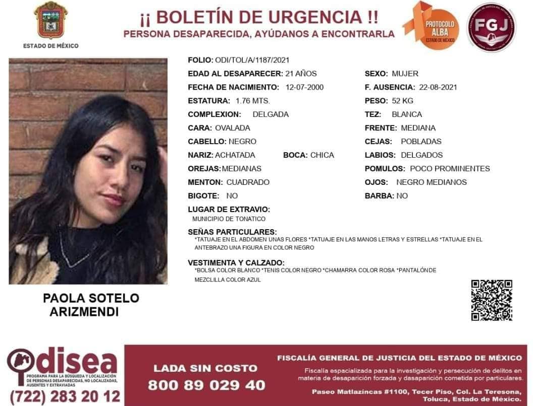 QuePocaMadre_Mx's tweet photo. ¡COMPARTE! Posiblemente gracias a ti podamos localizar a Paola Sotelo Arizmendi, de 21 años de edad, fue vista por última vez el día 22 de agosto 2021 en el municipio de #Tonatico  #Edomex https://t.co/h5nYjzPNME