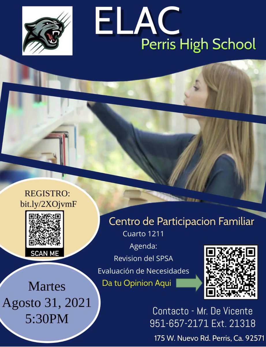 nmcarrillo21's tweet image. Join us for our upcoming ELAC meeting @PerrisHigh!/ Acompáñenos para la siguiente junta de ELAC! 8/31/21 @5:30pm @ThePtownway