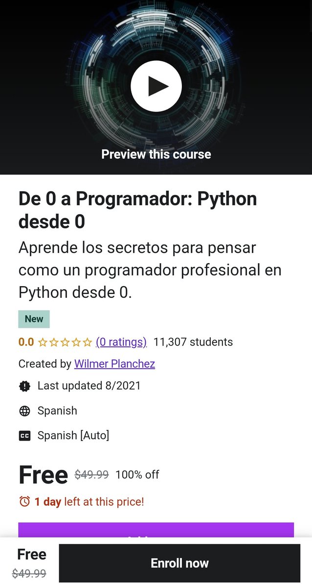 BondioDuko's tweet image. CURSOS: 
Cursos 100% grátis y con certificado. Aprovechen a estudiar algo que sirva, y ya que están den RT así le llega a más personas. Chau

PYTHON De 0 a Programador
udemy.com/course/de-0-a-…