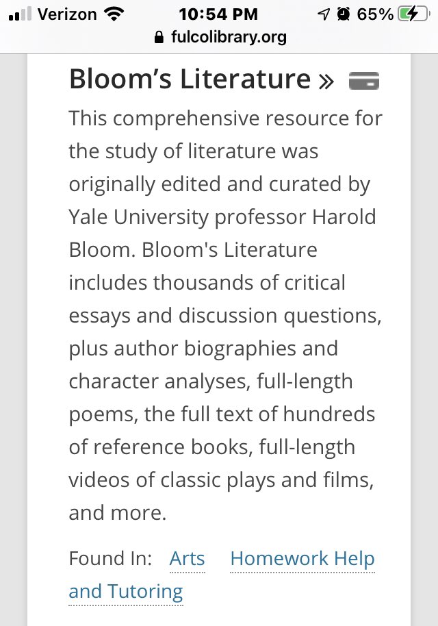 Bookman30022's tweet image. For all my high school and college students-  with your @fulcolibrary card you have access to Bloom’s Literature database through the library’s webpage.  Lots of help for your literature classes-  @miltoneaglespto @AgansPrincipal #MiltonLibrary