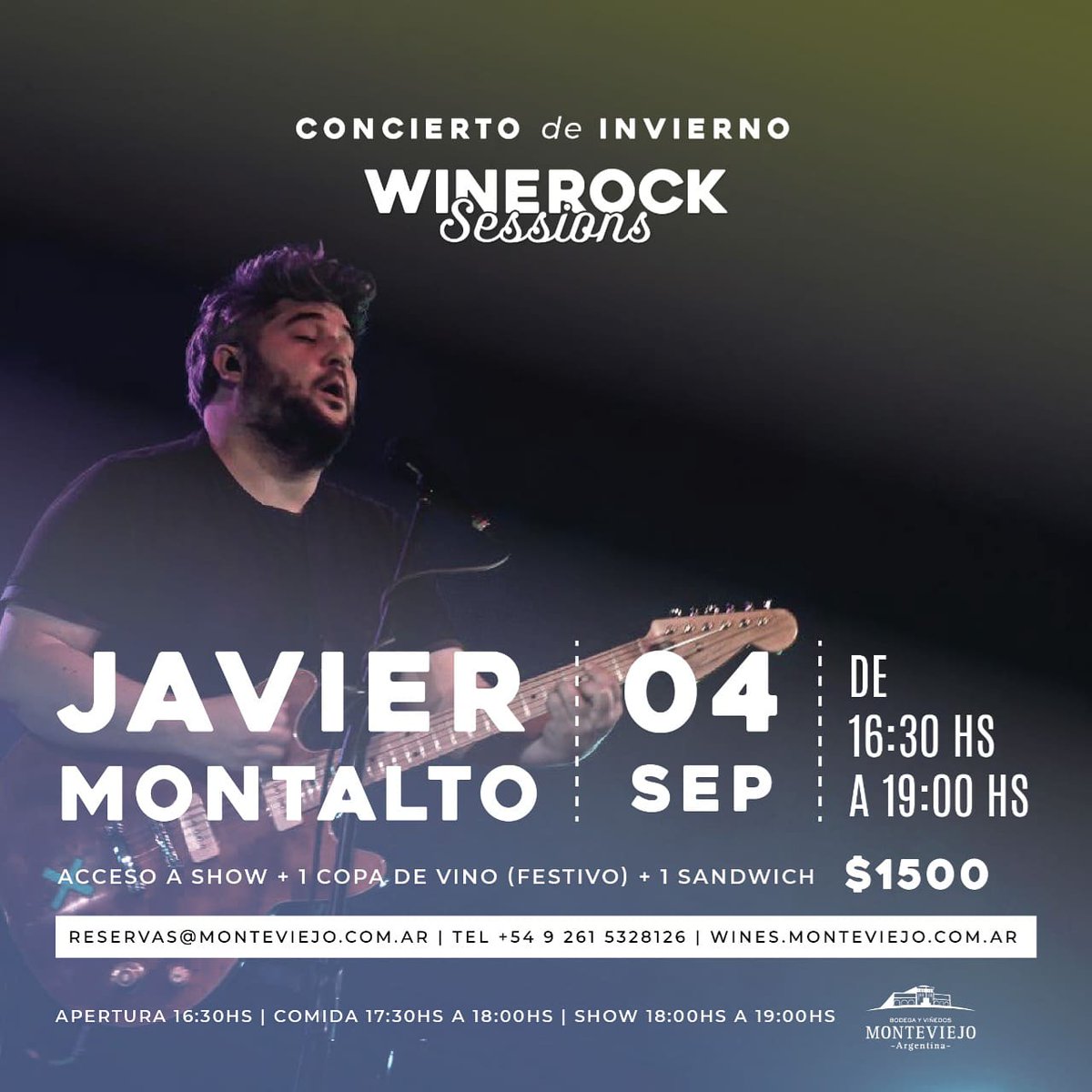 ¡Volvemos con las #WinerockSessions! Ahora, edición invierno.
El 4 de septiembre, los invitamos a disfrutar de la música de <a href="/javiermontalto/">Javier Montalto</a> 🎸🎵
Más info y compra de entradas aquí👉
wines.monteviejo.com.ar/productos/wine…
🗓 4 de septiembre
🕟 De 16.30 a 19hs.
#Monteviejo #winerock #Argentina
