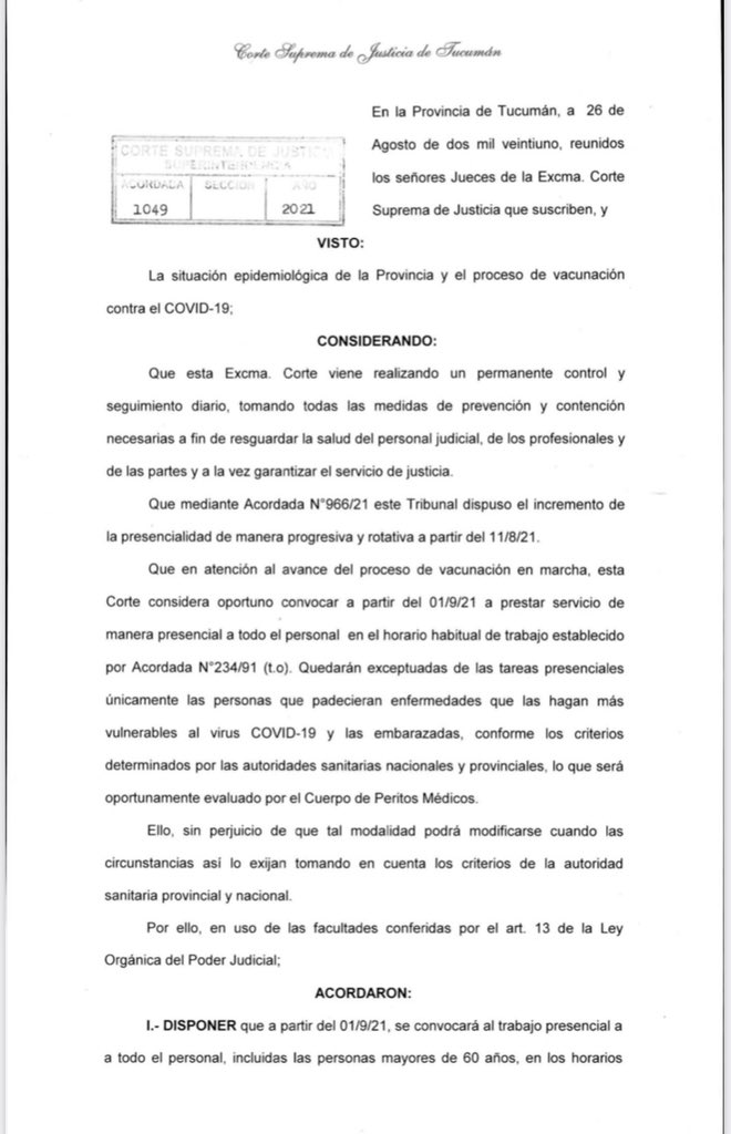 Agustina_Gs's tweet photo. La #CSJT acaba de notificar con la acordada 1049/21 que desde el próximo 1/09 los empleados judiciales deberán retornar a la #presencialidad en todas las áreas de la Justicia. #Tucumán https://t.co/fM68OfDVns