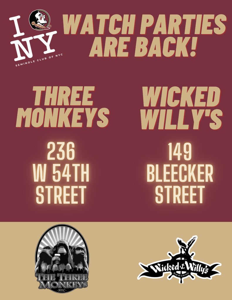 FSUnyc's tweet photo. Watch Parties are BACK! Excited to announce we will be back at @WickedWillysNY and @3MonkeysBar54th this season for all @FSUFootball games! Details soon on the first watch parties for Notre Dame! GO NOLES! #NoleYorkCity #WickedWillys #TheThreeMonkeys #NYC #FSU #Noles 🍢🗽🏈 https://t.co/1Fqod7VLZD