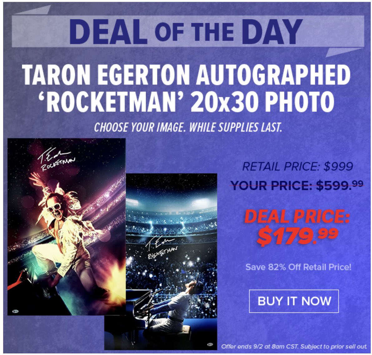 TRISTAR Deals: Save up to 82%!
Taron Egerton Autographed ‘Rocketman’ Photo; Drew Pearson & Duane Thomas Autographed Jerseys Combo
https://t.co/Uv8VIIHmVo https://t.co/VguDKATWXG