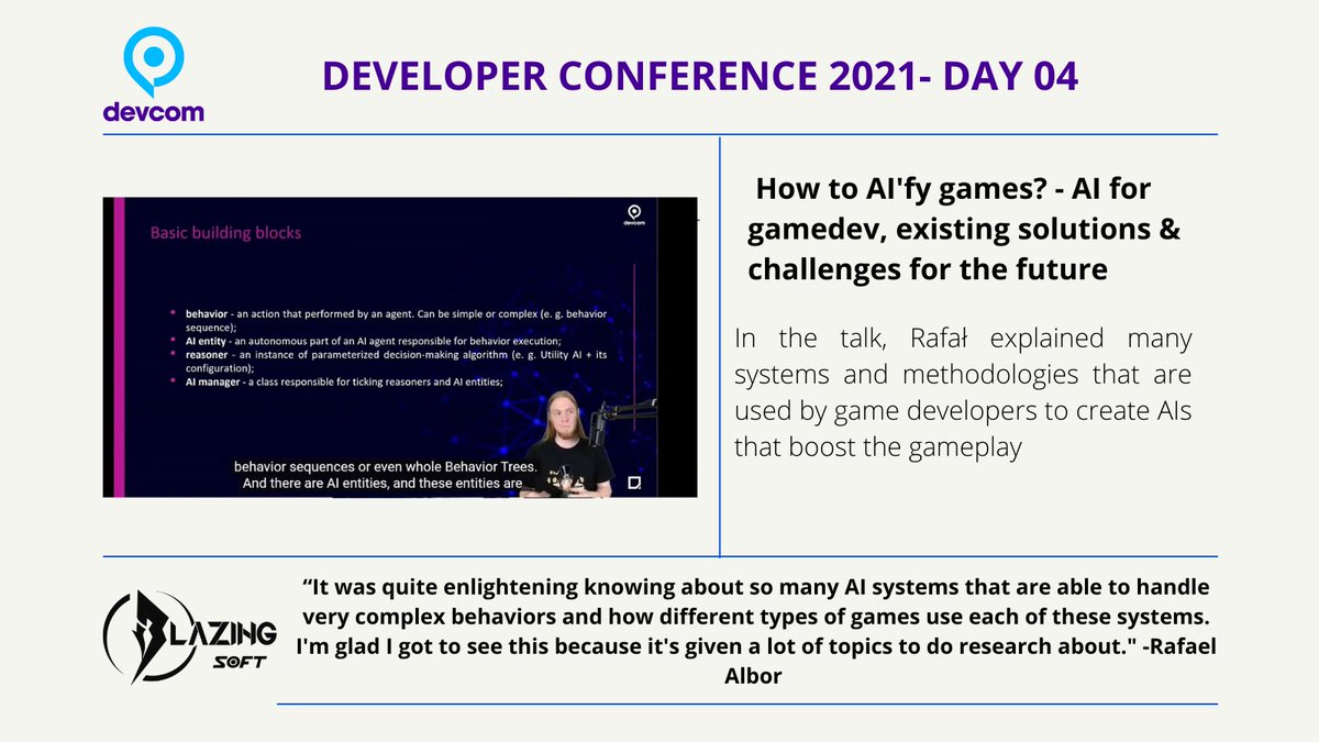 BlazingSoft's tweet photo. #Aestahora asistiendo "How to AI'fy games?" en
@devcom_global - Día 04 #devcom2021 #Blazingsoft https://t.co/Nma84YMFNd