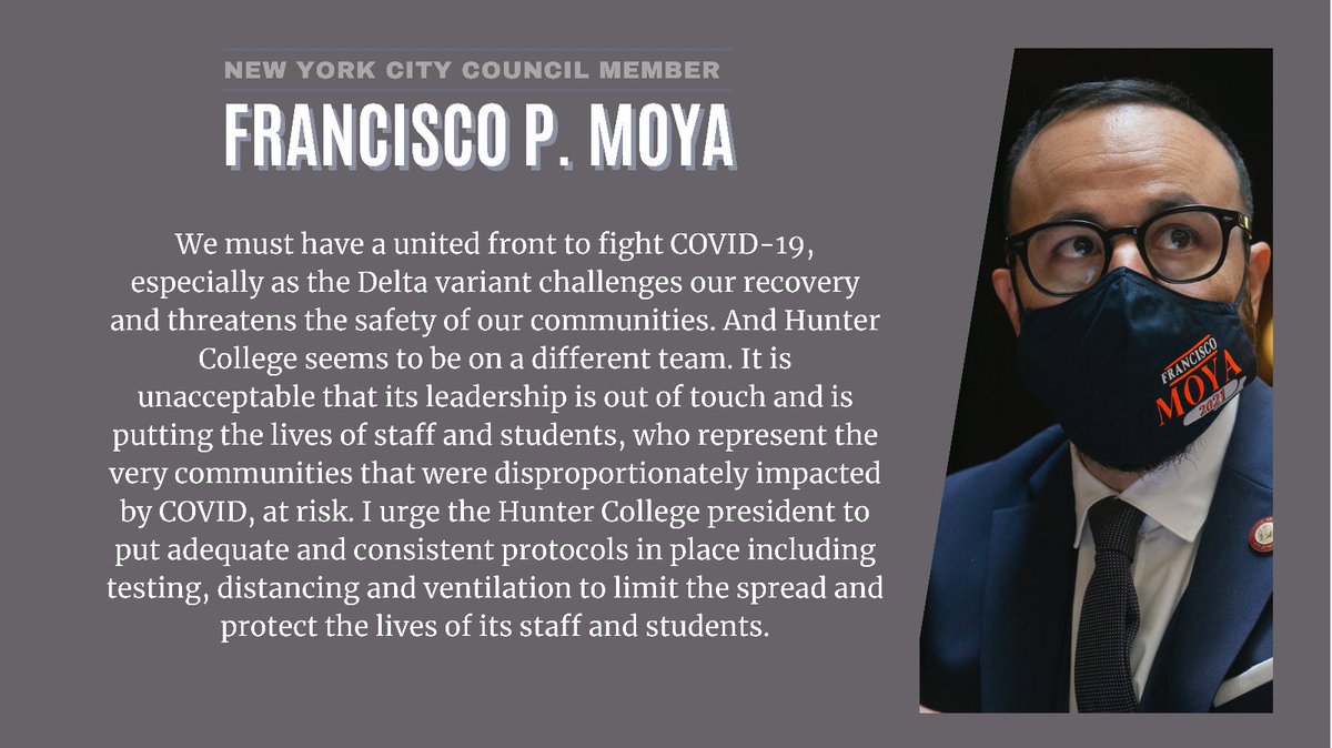 FranciscoMoyaNY's tweet image. We must have a united front to fight COVID-19, especially as the #DeltaVariant challenges our recovery and threatens the safety of our communities. And Hunter College seems to be on a different team. #CUNYSafeReturn #HunterSafeReopening 
—thread 1/3–