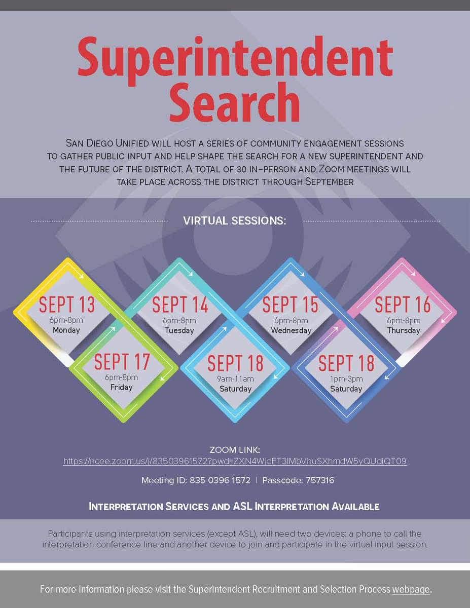 Superintendent Search
This is Important!  Please join us!  Each One Bring One!  Our Youth Matters.
Zoom Link:
ncee.zoom.us/j/83503961572...
Meeting ID: 835 0396 1572 | Passcode: 757316
#superintendentsearch, #superintendent, #communityengagement, #sandiegounifiedschooldistrict
