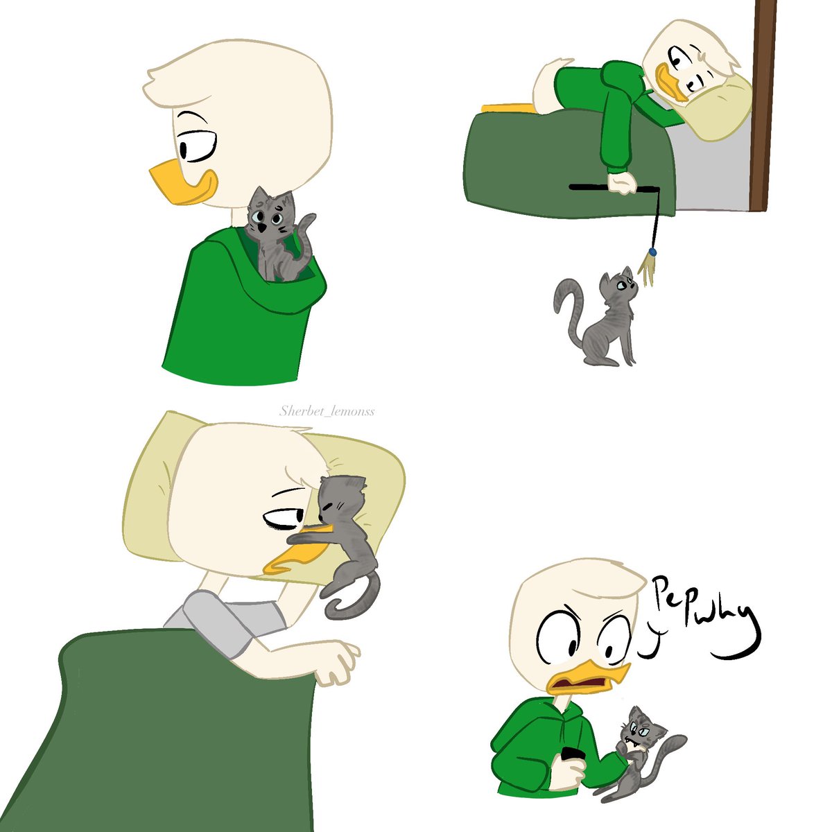 Here’s some long overdue art of Louie and his pet cat Pep idk why I took so long to draw this, I love the headcanon sm (idea by @MageSolace ) #ducktales #louieduck