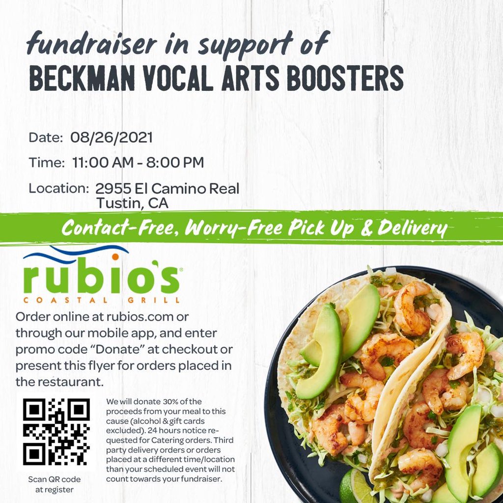 vicicope's tweet photo. Need a dinner idea?  Go to Rubio’s on El Camino in Tustin and support Beckman Vocal Arts! https://t.co/garenobVsL