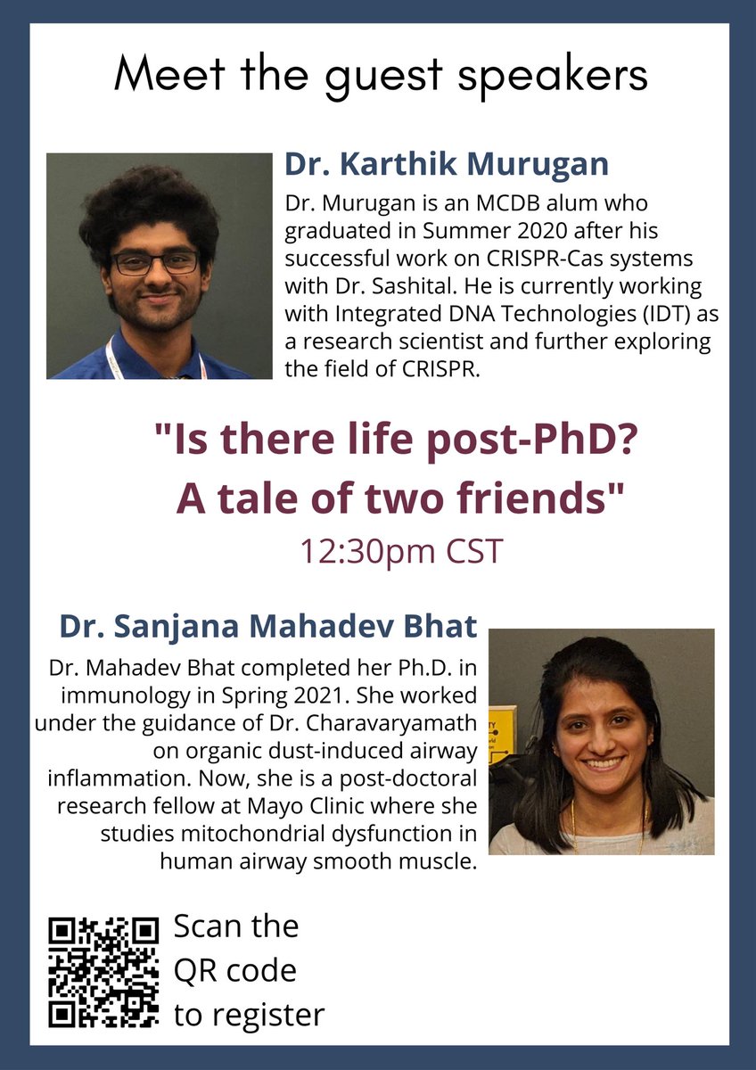 We’re extremely excited to announce our guest speakers for iBIO2! 💻🔬🧫
Attend the talk and find out how and why decade long friends graduated with a PhD and chose different career paths! You can register with this link forms.gle/VL2Bi81JUwr9xf… or using the QR code below.