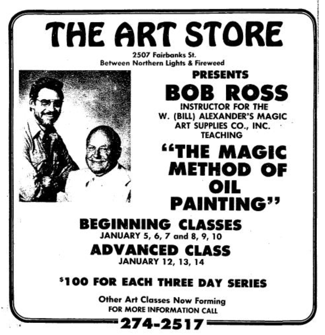 ANC_Historian's tweet photo. Jan 2, 1982 @adndotcom ad for Bob Ross painting class in Anchorage. Ross spent 20 years in Air Force, mostly at Eielson AFB. His first painting experience came in Anchorage, at a USO class. Retired from Air Force 1981. Joy of Painting began 1983. #alaskahistory #anchoragehistory https://t.co/j9POkneXF0