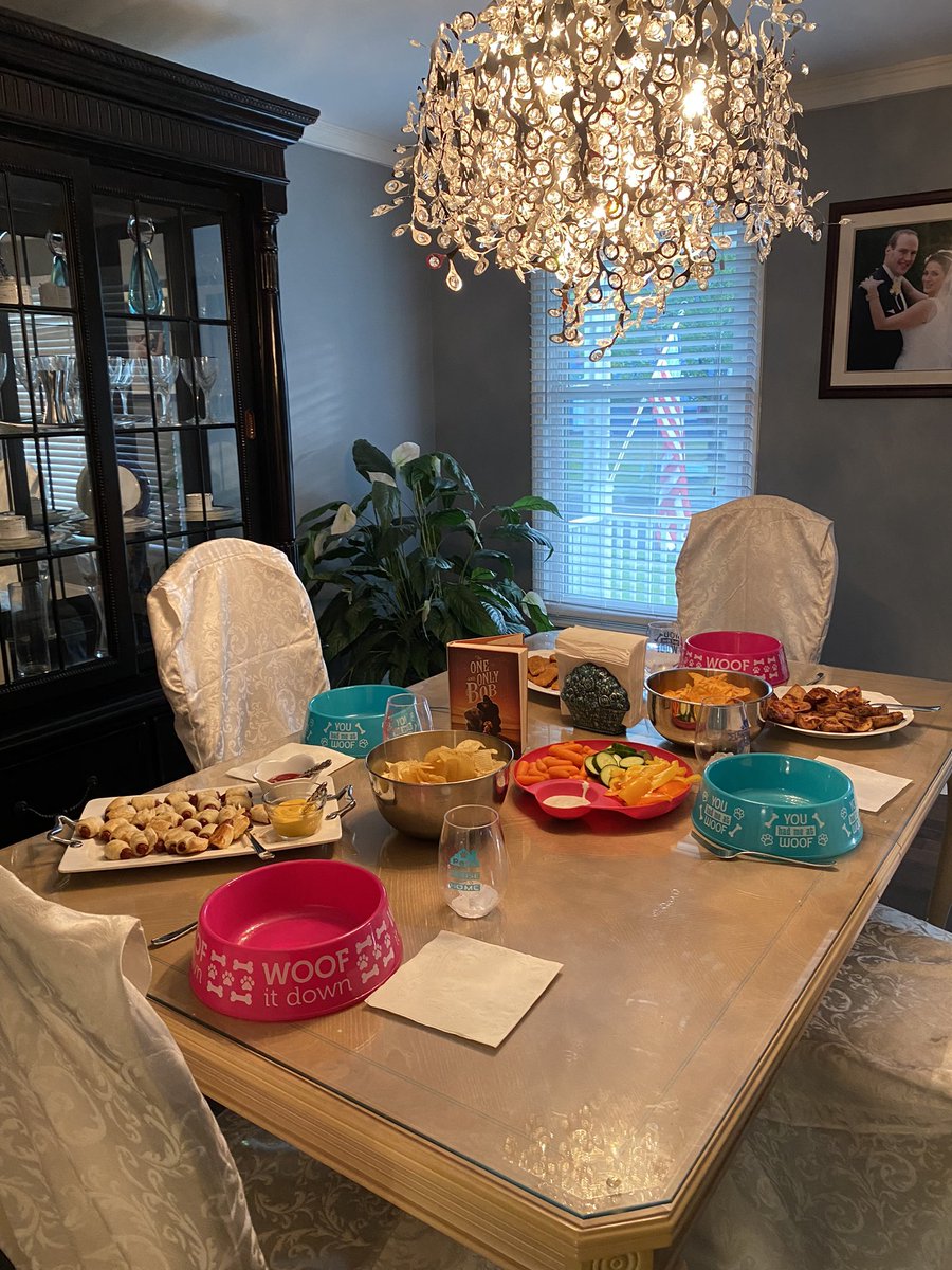 Held a book club with my niece and some neighbor friends.  Great conversations about #TheOneAndOnlyBob by @kaaauthor The fun food and doggie bowl place settings from @DollarTree was a big hit too.