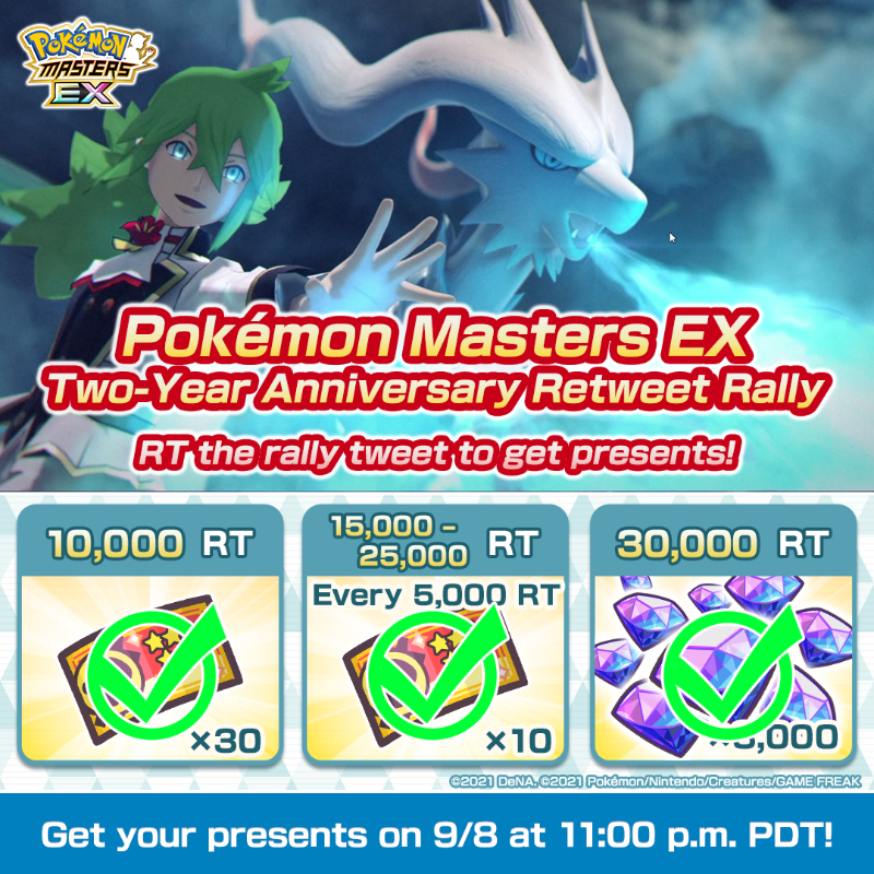 PokemonMasters's tweet image. Presents for everyone! 5★-Guaranteed Scout Tickets and 3,000 gems!

We reached 30,000 retweets in the Two-Year Anniversary Retweet Rally!

You can claim these presents from September 8 at 11:00 p.m. PDT to October 8 at 10:59 p.m. PDT, so don’t forget to log in!

#PokemonMasters