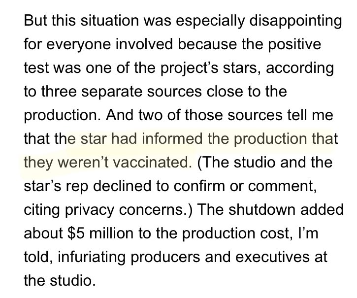 ddiamond's tweet image. In his newsletter, @MattBelloni says that a single COVID case — in a reportedly unvaccinated actor — shut down a Hollywood production, adding $5 million in costs. 

whatimhearing.news/matt-belloni/