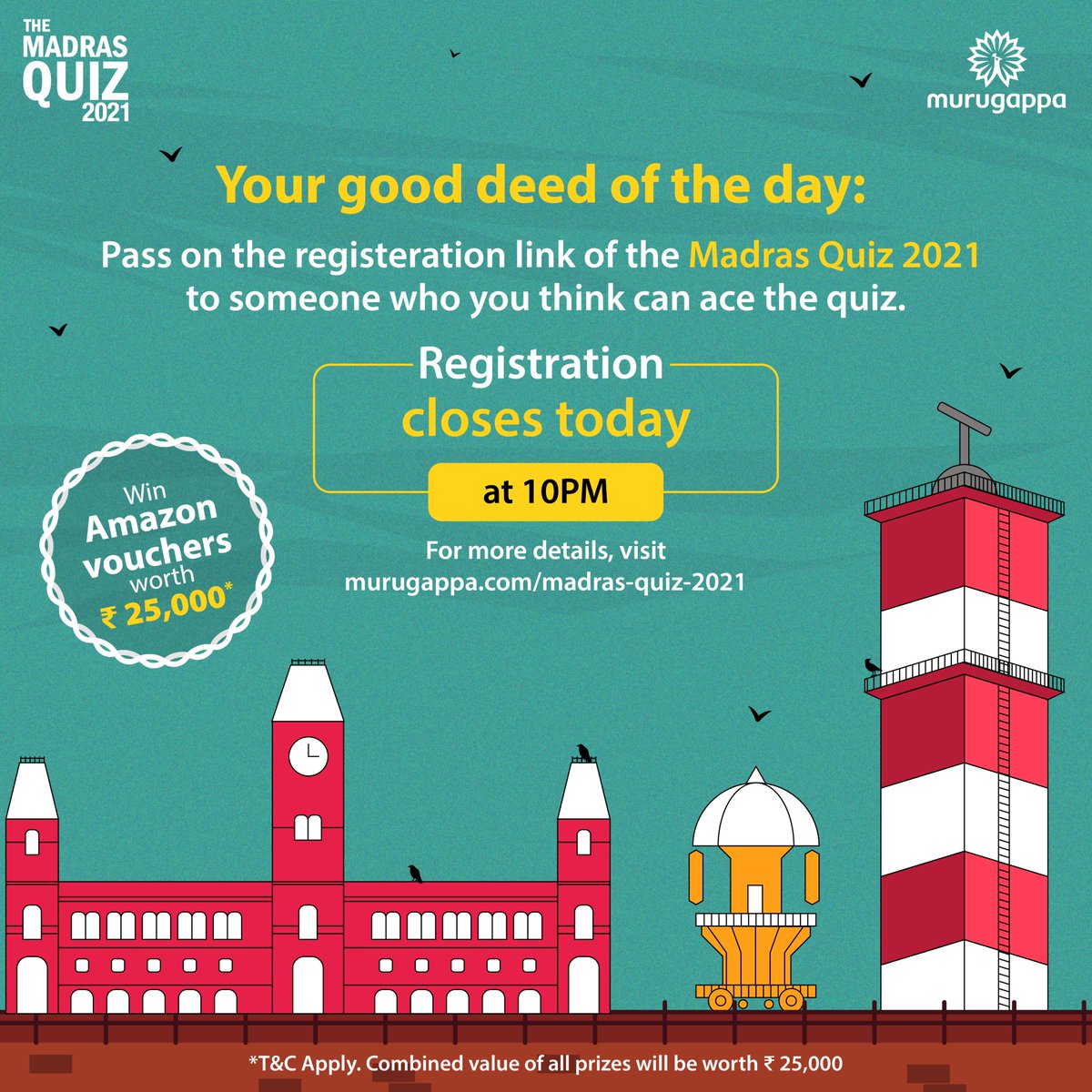 Hurry up registrations close at 10PM today! Madras Quiz 2021 takes place on Sunday, August 29th! Participate now and stand a chance to win up to 25,000 in Amazon vouchers! 
Register here for free: murugappa.com/madras-quiz-20…
Hosted by <a href="/sumanthraman/">Sumanth Raman</a>