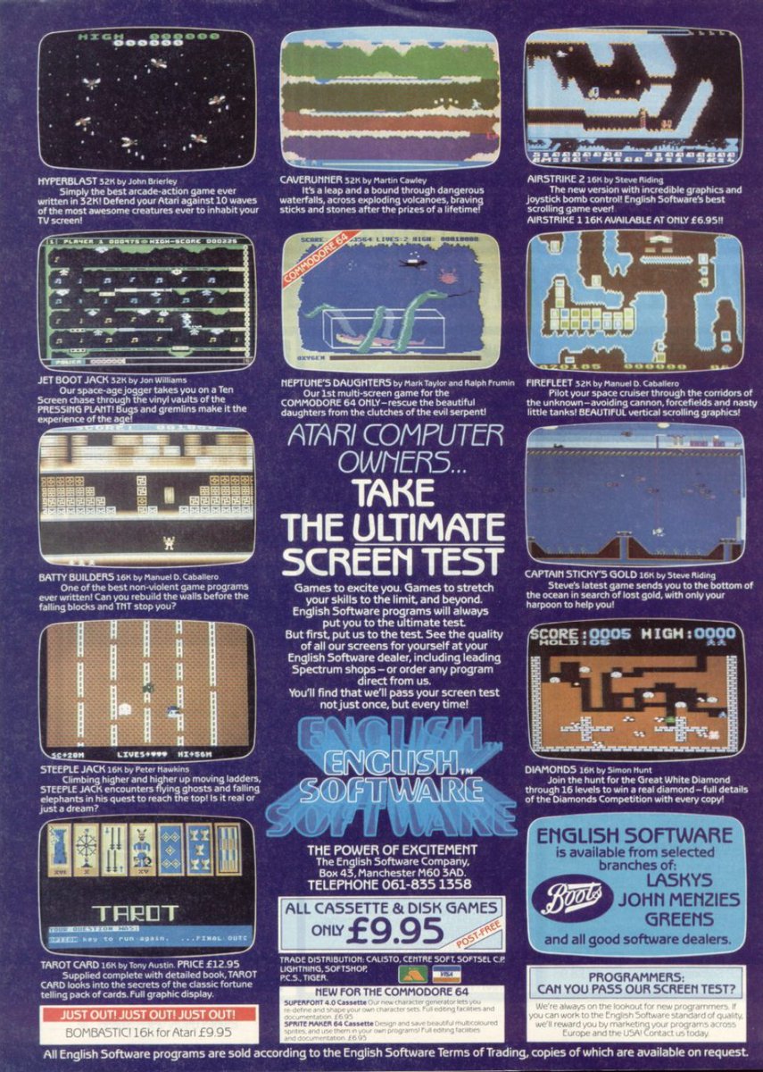 TakodanTweets's tweet image. 1983 advert by #EnglishSoftware showing a bunch of their games on #Atari computers