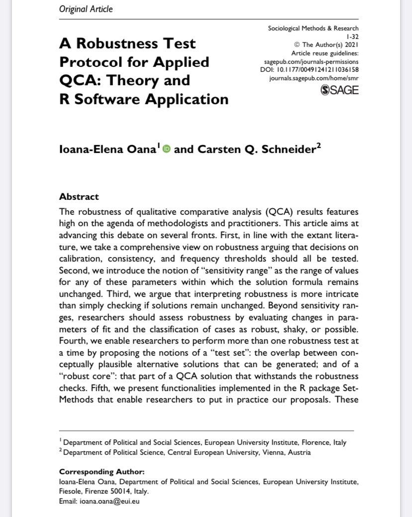 📣🥳Our paper “A Robustness Test Protocol for Applied QCA: Theory and R Software Application” co-authored with @CarstenQSchneid is finally out in Sociological Methods & Research 🧶#QCA #RStats