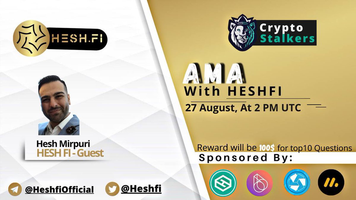 📢 We're thrilled to announce our next #AMA with <a href="/heshfi/">Heshfi</a> on 27th August, 2PM UTC

💰 Reward Pool: 100$
📍 Venue: t.me/thecryptostalk…

〽️ Rules:
✅ Follow @StalkersCrypto &amp; <a href="/heshfi/">Heshfi</a> 
✅ Like &amp; Retweet
✅ Comment Questions &amp; Tag 3 Friends with your BEP20 address
#BSCGems