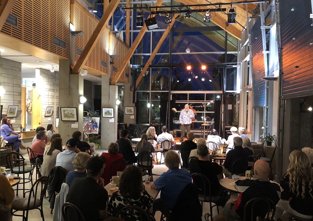 OkanaganComedy's tweet photo. First Okanagan Festival show at the @rotaryartcentre 

@BigDaddyTazzWPG @Matt_Mellon playing to the sold out atrium!

#Kelowna #OkanaganComedyFestival https://t.co/XXU9TuZEKM