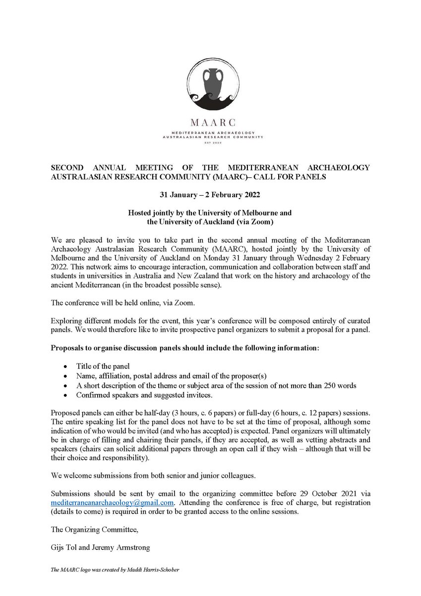 maarc_research's tweet photo. Call for panels for the second meeting of the Mediterranean Archaeology Australasian Research Community: 31 January - 2 February 2022 (via Zoom). Spread the word!

@FlindersArchSoc; @Archaeology_MQ; @MAHAstudents; @UsydArchSociety; @ArchSoc; @res_australes;  @car_anu; @UNEArchSoc https://t.co/G5zlIfR7Kq