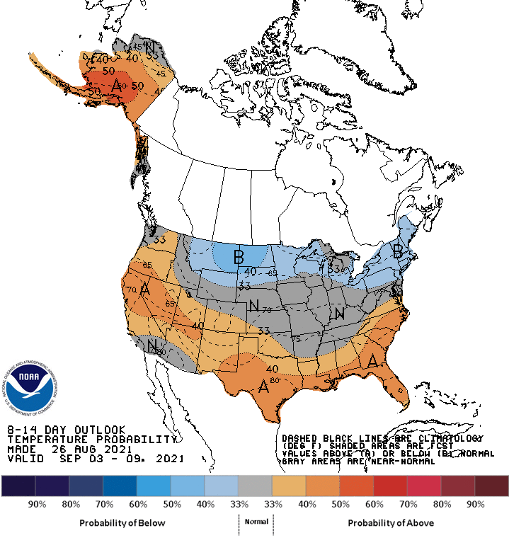 NWSBoston's tweet image. [Aug 26] Tired of the recent stretch of oppressive #heat and humidity 🥵🌡️? We have some good news for you! The @NWSCPC is forecasting increased confidence of below normal temperatures for #NewEngland to start the month of September, or meteorological #fall 🤞🍂