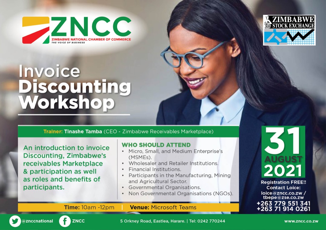 ZNCCNational's tweet photo. #Countdown 0️⃣4️⃣days to go! Ensure you register  to attend the @ZSE_ZW Invoice Discounting workshop. Lots of insightful information to benefit your organisation. Click on the link below 
@BusinessTimesZW @StarFMNews @ZiFMNews 
https://t.co/lYNOl9gqCf https://t.co/71vF3Kapj9