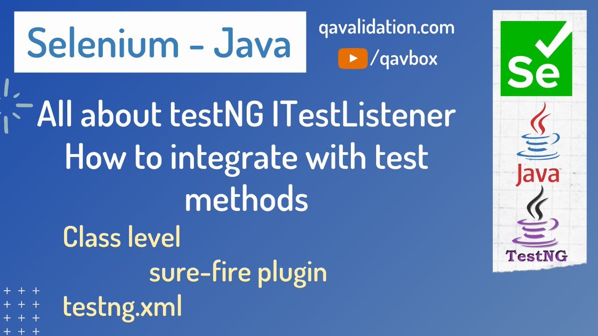 qavalidation's tweet image. #qavbox #qavalidation #seleniumwebdriver 
What is ITestListener
youtu.be/Ow2-TjpDaos
Why to use and different ways integrate with selenium testNG methods?
Subscribe n share!
