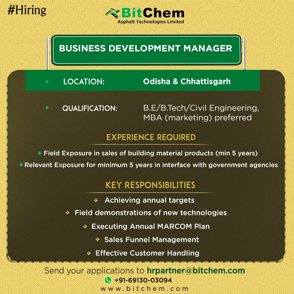 Bitchem_SM's tweet photo. We are hiring Business Development Manager for locations Odisha and Chhattisgrah. Interested candidates with relevant experience may send applications to hrpartner@bitchem.com
#vacancies #bitchem #bitumen #businessdevelopmentmanager #salesmanager  #jobs #hiring https://t.co/VwFnCi1gR0