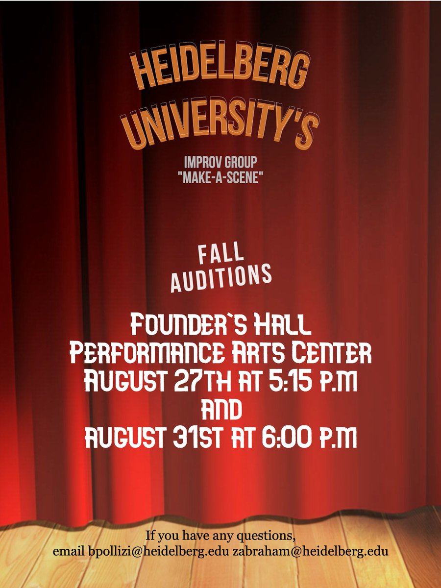 Hello everyone! We are hosting auditions for Heidelberg's Improv Group "Make-A-Scene" this coming week! If anyone would like to audition for the Fall semester, come out and check us out!