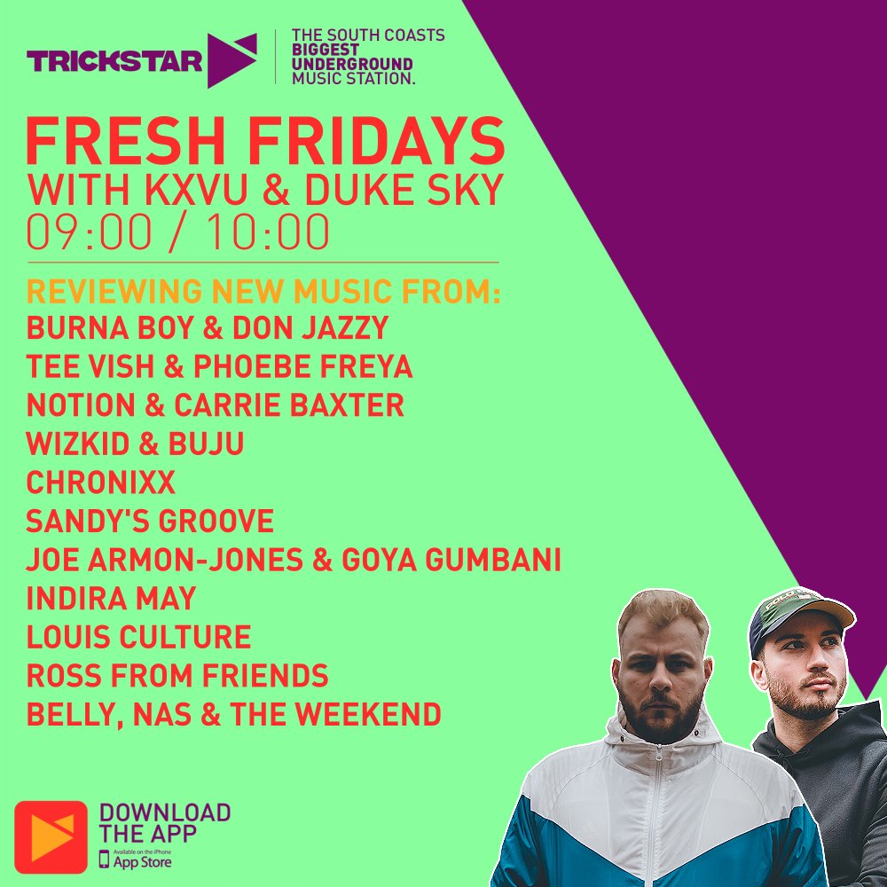 IT'S #FRESHFRIDAY'S

Myself &amp; <a href="/dukeskywalks/">Duke Sky</a> reviewing the latest drops from

<a href="/burnaboy/">Burna Boy</a> <a href="/Tee_Vish/">Tee Vish</a> <a href="/NotionDJ/">NOTION</a> <a href="/wizkidayo/">Wizkid</a> <a href="/ChronixxMusic/">Chronixx</a> <a href="/joeArmonJones/">Joe Armon-Jones</a> <a href="/theweeknd/">Abel Tesfaye</a> &amp; more

Live via <a href="/trickstarradio/">Trickstar Radio</a> // trickstarradio.co,.uk // App // DAB