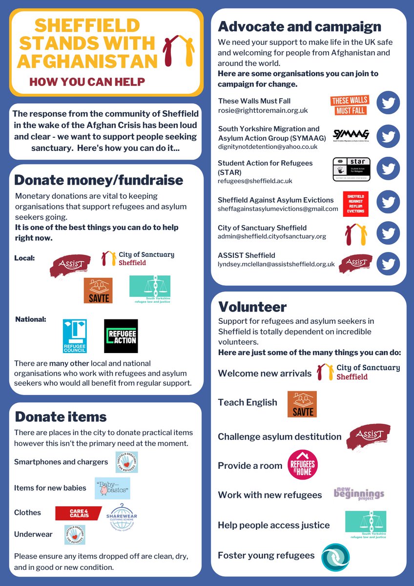 The situation in #Afghanistan is extremely distressing, but it is heartening to see that so many people in the UK are keen to try and help #refugees.

If you live in #Sheffield here are some of the ways to help locally:

sheffield.cityofsanctuary.org/2021/08/27/afg…

Please share far and wide 🙏