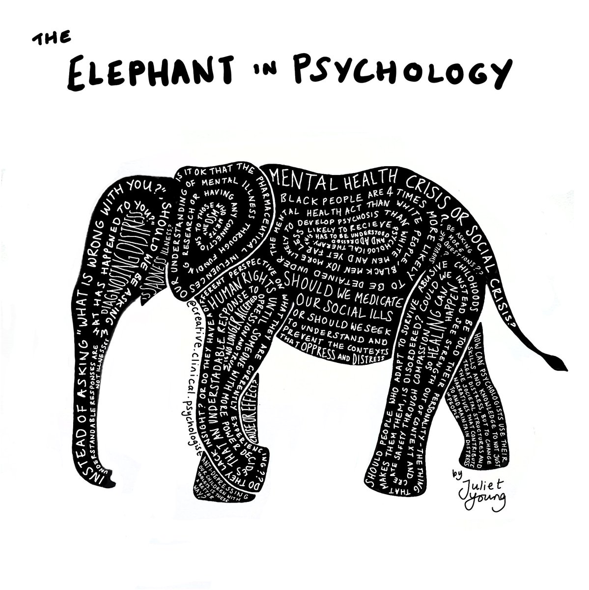 I originally made this as a screen print and recently digitalised it. The words in the elephant are some of the notes I took during <a href="/abyrne8391/">Angela Byrne</a> lectures while studying #communitypsychology at <a href="/UEL_News/">Uni of East London</a>. I was learning of the critiques of #clinicalpsychology and psychaitry (1/2)