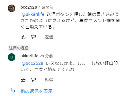 c Youtubeで都合が悪いコメントが消されるって陰謀論唱えている人がいたんで Youtubeのシステムで特定のコメント が表示されないケースがある って書き込んだら本当にその状態になっていしまい 自分以外には上記のコメントが表示されない レスなしだと