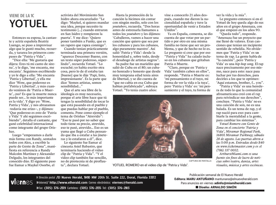 Orlando Taquechel (@ortaquechel20) on Twitter photo Para los que prefieren la versión impresa… hoy <a href="/elnuevoherald/">el Nuevo Herald</a> la entrevista <a href="/artburstmiami/">ARTBURST</a> de <a href="/jaevora/">Jose Antonio Evora</a> con <a href="/Yotuel007/">𝖄𝖔𝖙𝖚𝖊𝖑</a> sobre #PatriaYVida #música #política #Cuba #JuntosSomosMás <a href="/GdZOficial/">Gente de Zona</a> <a href="/EsBeatrizLuengo/">Beatriz Luengo</a> <a href="/maruantunano/">Maru Antuñano</a> <a href="/MiamiDadeArts/">MDC Cultural Affairs</a> @ArtsBizMiami <a href="/casadanza1/">casadeladanzalogroño</a> <a href="/DanzadanceOrg/">DANZADANCE ORG</a> Para los que prefieren la versión impresa… hoy <a href="/elnuevoherald/">el Nuevo Herald</a> la entrevista <a href="/artburstmiami/">ARTBURST</a> de <a href="/jaevora/">Jose Antonio Evora</a> con <a href="/Yotuel007/">𝖄𝖔𝖙𝖚𝖊𝖑</a> sobre #PatriaYVida #música #política #Cuba #JuntosSomosMás <a href="/GdZOficial/">Gente de Zona</a> <a href="/EsBeatrizLuengo/">Beatriz Luengo</a> <a href="/maruantunano/">Maru Antuñano</a> <a href="/MiamiDadeArts/">MDC Cultural Affairs</a> @ArtsBizMiami <a href="/casadanza1/">casadeladanzalogroño</a> <a href="/DanzadanceOrg/">DANZADANCE ORG</a>
