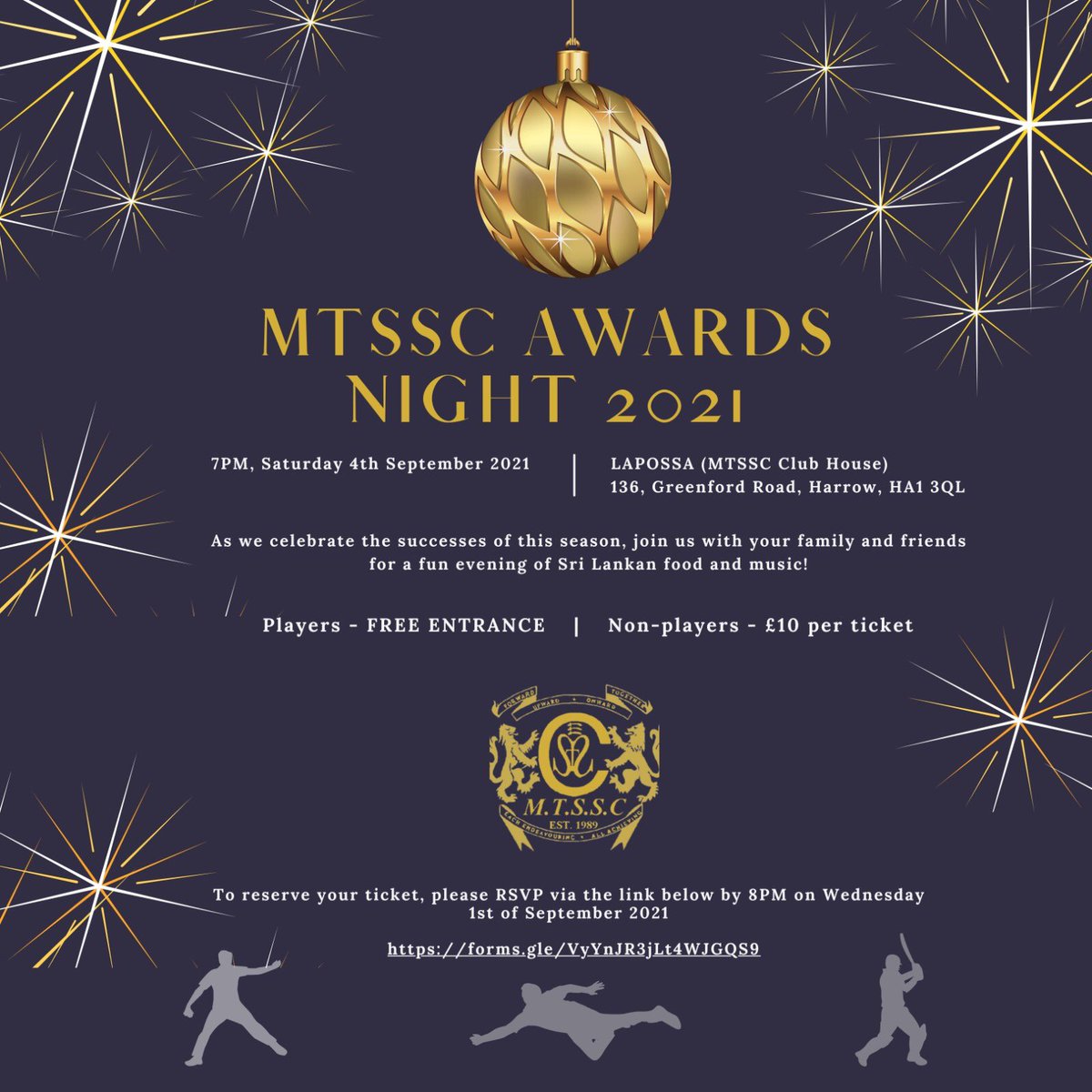 MTSSC Awards Night 2021

All members, supporters and well wishers are invited. Please see flyer below for further information.

Reserve your ticket via the link below;

forms.gle/VyYnJR3jLt4WJG…