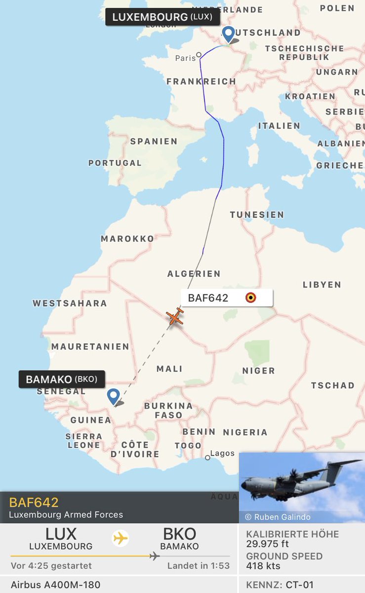 fabsenbln's tweet photo. Rare visit to Africa:
#BAF642 #Luxembourg 🇱🇺 Armed Forces #A400M on the way to Bamako. Luxembourg is present with personell in #Mali for @eutmmali1. https://t.co/pBB015DQ6g
