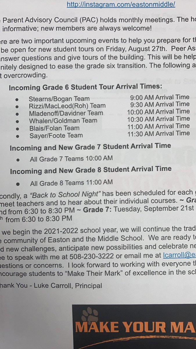 Student Tours today starting at 9 AM.  In an effort to spread everybody out, grade 6 teams all have different arrival times…any incoming new or Gr. 7 &amp; Gr. 8 students also have staggered arrival times. All the information is in Tiger Talk (emailed to all families).