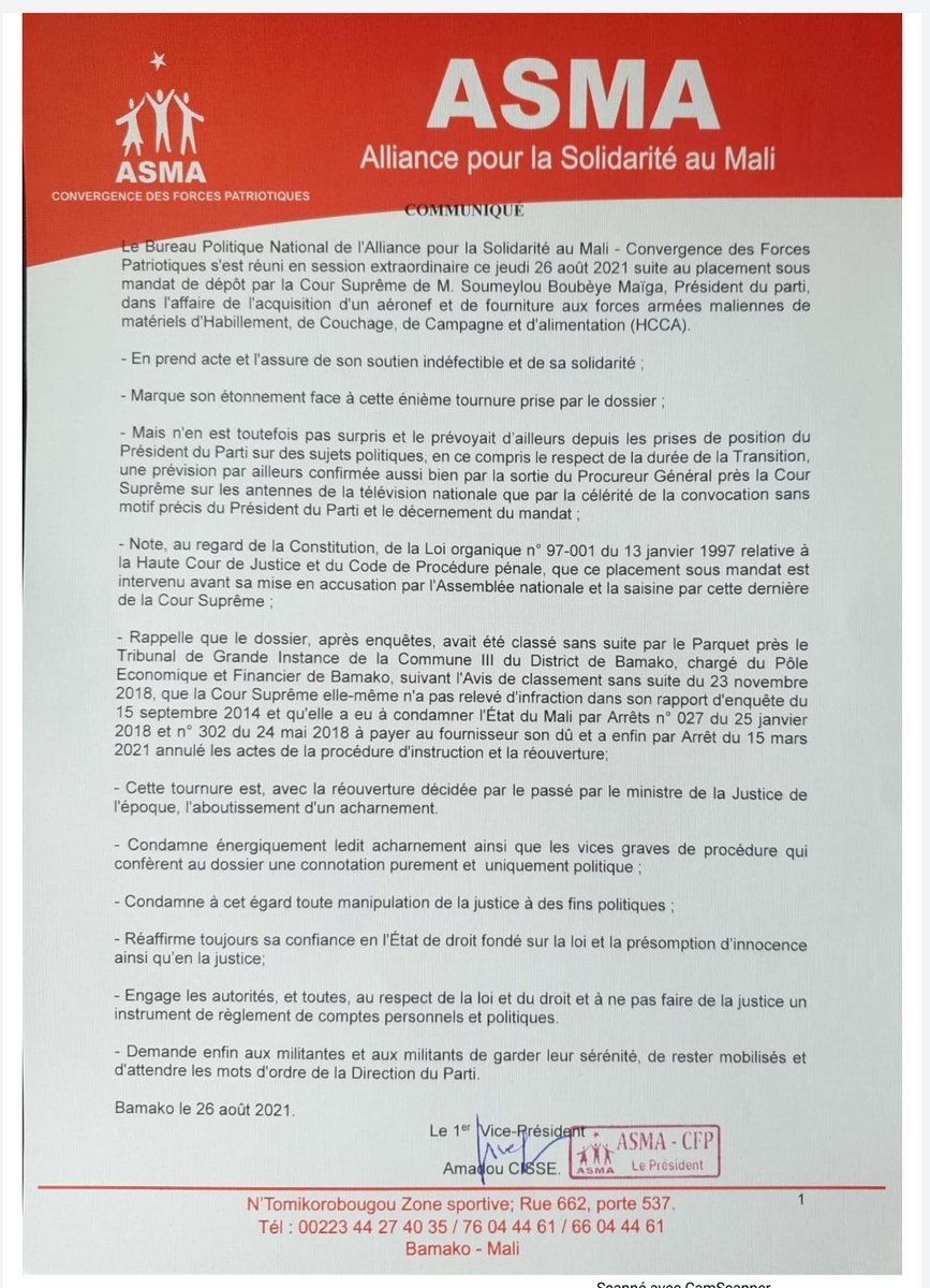 JourDuMali's tweet photo. #Mali #Politique #Justice
Communiqué du parti @asmacfpml relatif au placement sous mandat de dépôt de l'ex- Premier Ministre, @SBoubeye . https://t.co/HVHKQ71jd0