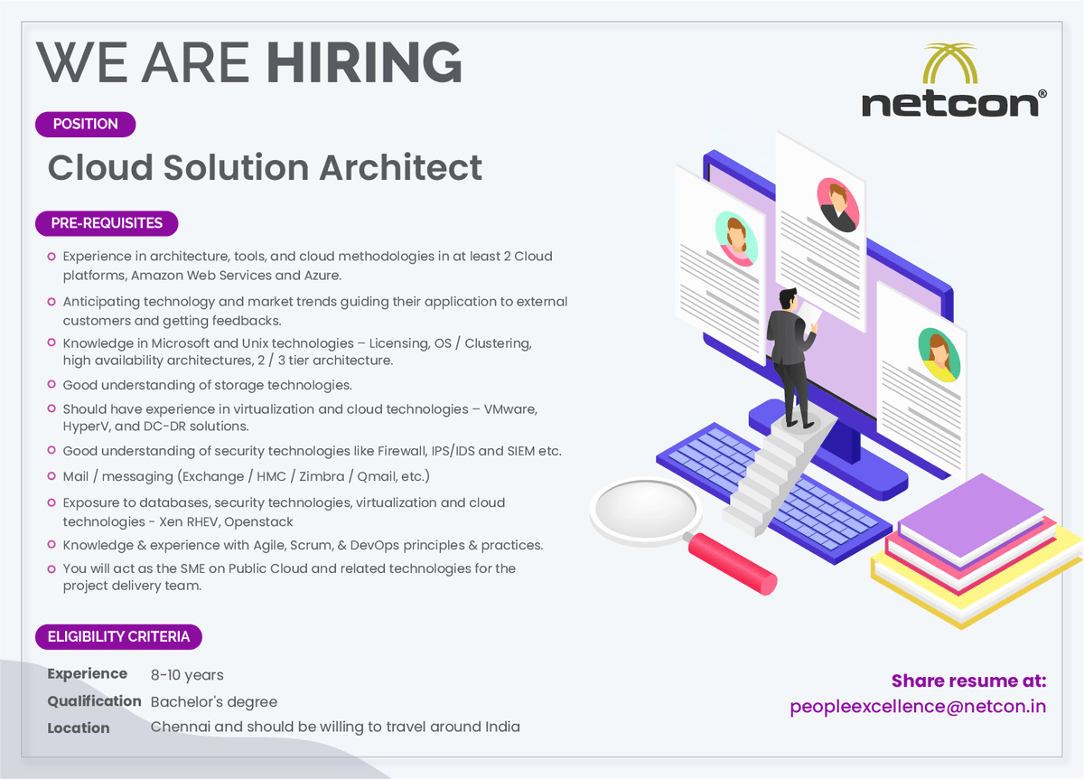 Netcondigital's tweet image. Hiring Alert !!!
#netconhiring #cloudsolutionarchitect #cloud #chennaijobs #netcon
Apply Now: peopleexcellence@netcon.in, career@netcon.in
