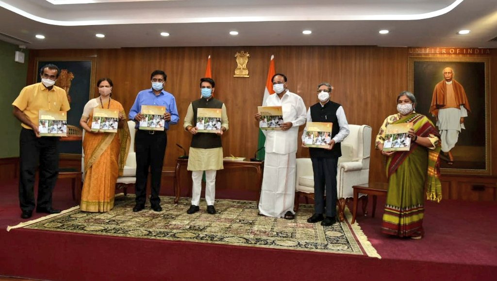 VPIndia's tweet photo. Union Minister, Shri Anurag Thakur presenting the first copy of book titled ‘Reflecting, Recollecting, Reconnecting’ to the Vice President today. 

The book chronicles Shri M. Venkaiah Naidu’s fourth year in office as the Vice President of India. https://t.co/yM57L5Ldyy