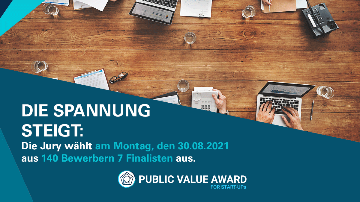 Bald ist es soweit: Nächste Woche wissen wir, welche Teams im Finale um den #PublicValueAward 2021 stehen. Wir sind schon ganz aufgeregt und drücken allen Bewerbern die Daumen! #DieSpannungsteigt #Gemeinwohl #Startup