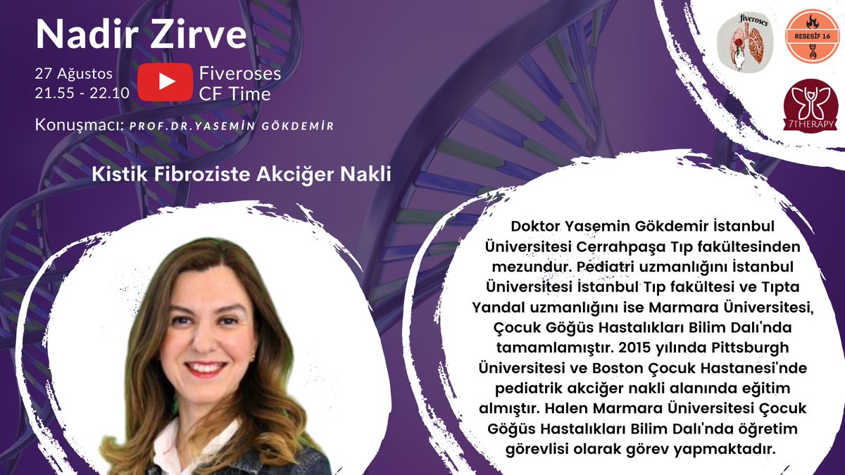 FiverosesTeam's tweet photo. İkinci günün üçüncü oturumunda Kistik Fibroziste Akciğer Nakli hakkında sunumu Prof.Dr.Yasemin GÖKDEMİR'den dinleyeceğiz. https://t.co/C3nNhCIcd9