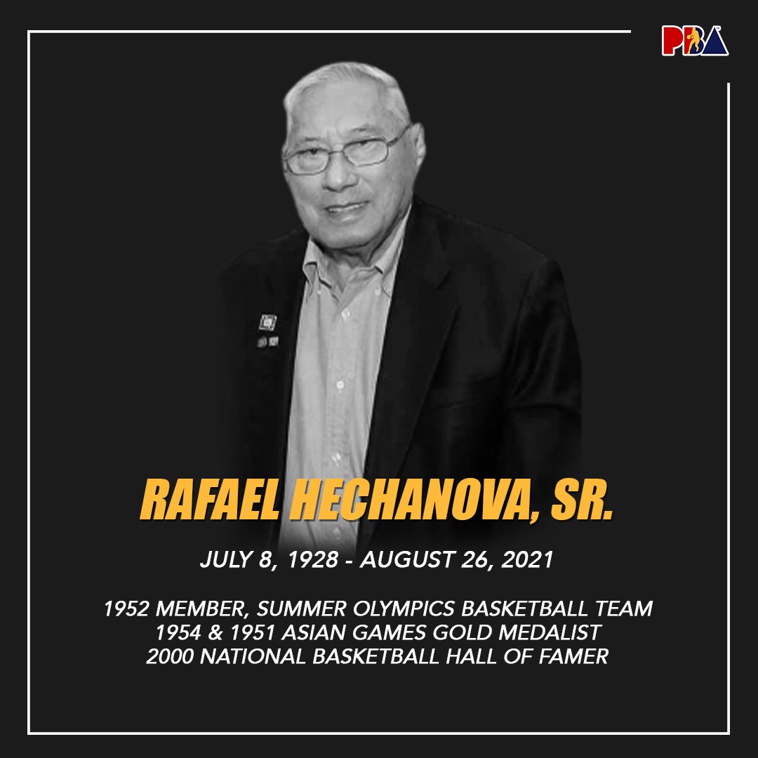 Our sincerest condolences to the family and love ones of PBA 1975 2nd vice president, 1952 Helsinki Olympics team member, 1951 and 1954 Asian Games gold medalist and 2000 National Basketball Hall of Fame member, Rafael Hechanova, Sr.  

Requiescat in pace, sir. https://t.co/zZscIEWVXu