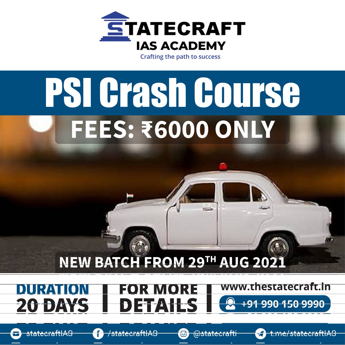 #PSI crash course 

Duration : 20 days 

Slot : Monday to Saturday

Classes by Subject Experts.

New batch from 29th Aug

For Registration call us at 9901509990

Or thestatecraft.in

#KPSC #PSI #UPSC #civilservices #KAS
#KASAspirant #statecratias