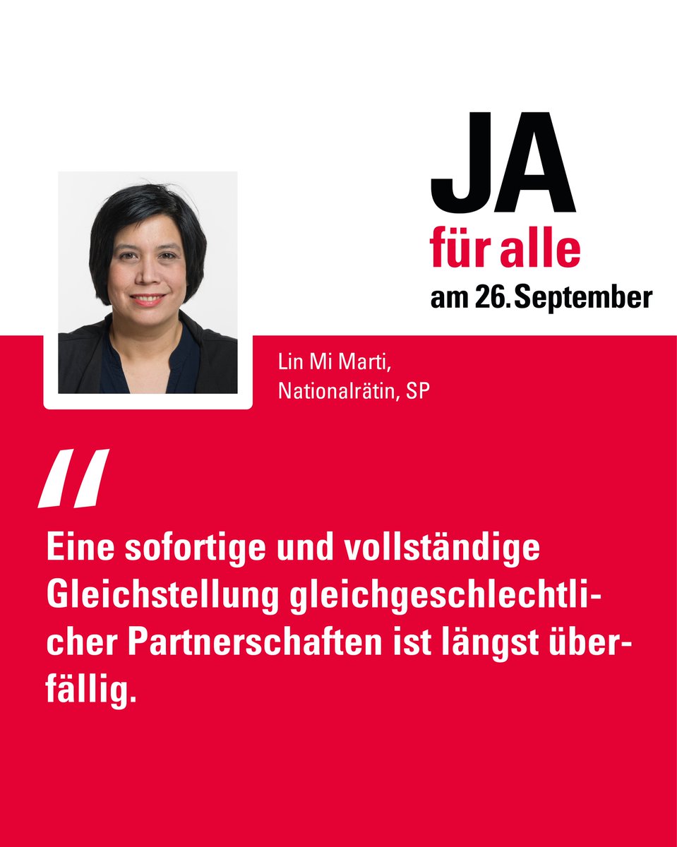 Nationalrätin <a href="/minlimarti/">Min Li Marti</a>, Co-Präsidentin des Komitees «JA für alle», macht Schluss mit #Diskriminierung! Mach mit und stimme am 26. September JA zur «Ehe für alle»!
<a href="/spschweiz/">SP Schweiz</a> 
#JaFuerAlle #EheFuerAlle
#Abst21 #CHVote
<a href="/ehefueralle_JA/">Ehe für alle</a>  <a href="/operationlibero/">Operation Libero</a>  @SVP_Ehefueralle