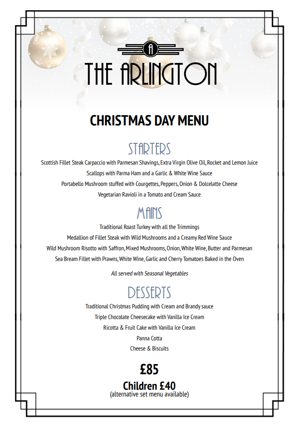 Don't want to cook on Christmas Day? We can help with that!
🍽3 courses
🍷£85 per person/£40 for children (alternative set menu available)
⏰Midday arrival
🎄£10pp deposit required
🌟Book via 01702 711 350 or enquiries@thearlingtonballroom.co.uk!

#SouthendOnSea